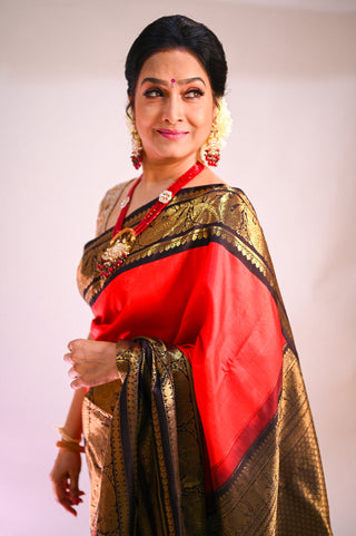 Red and Black Kanjivaram Pure Silk Saree