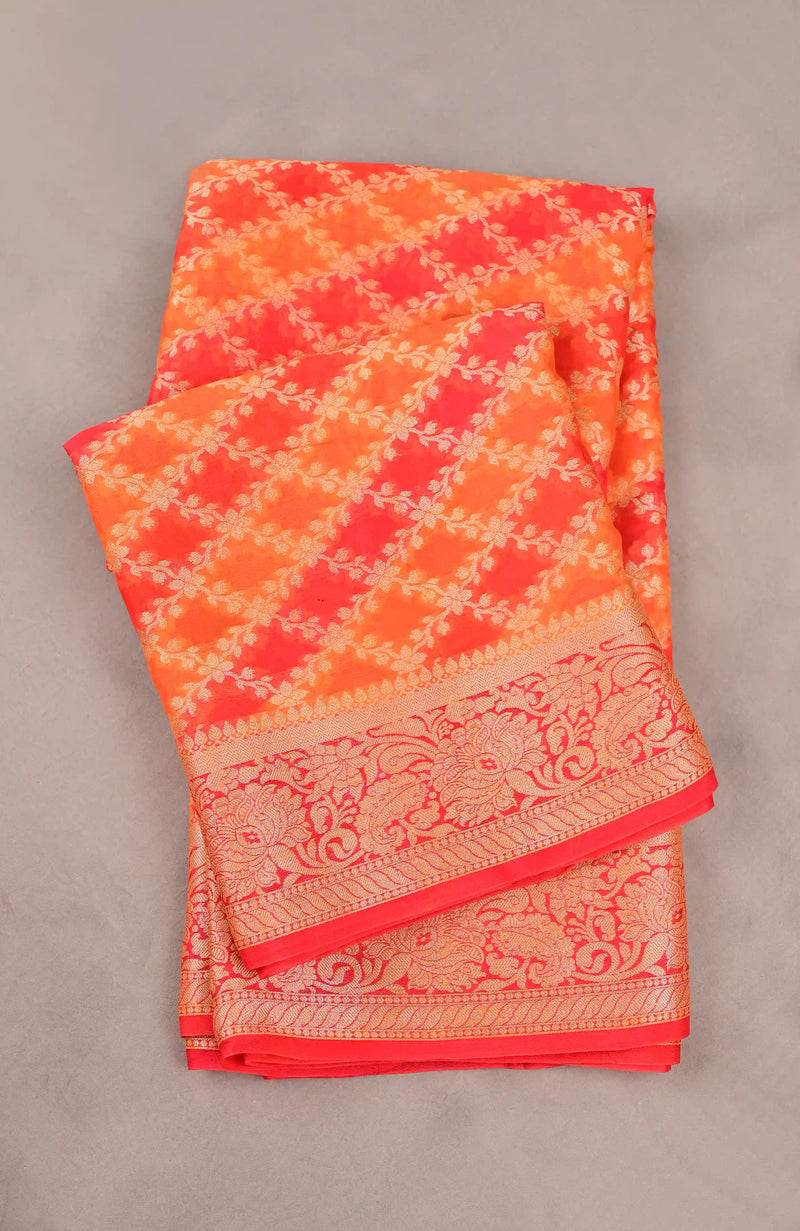 Red & Orange Banarasi Chiffon Silk Saree