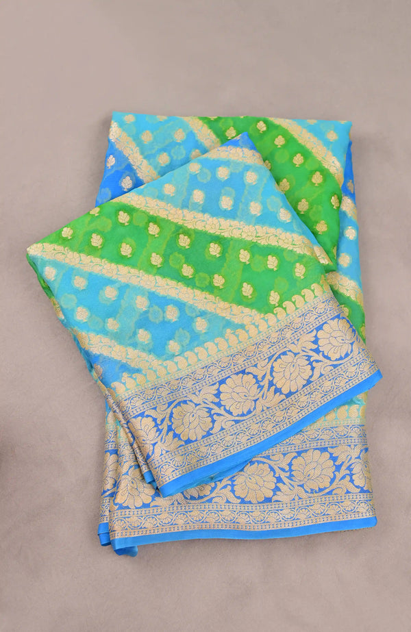 Blue Green Banarasi Chiffon Silk Saree