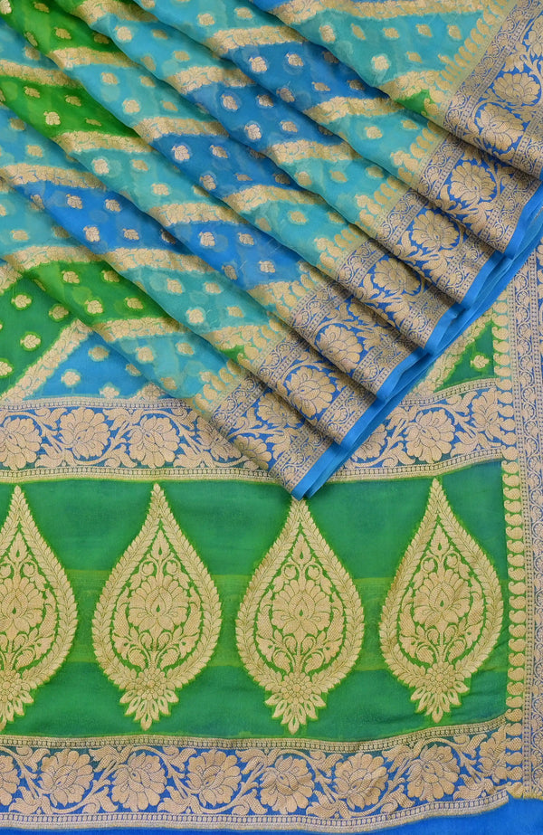 Blue Green Banarasi Chiffon Silk Saree