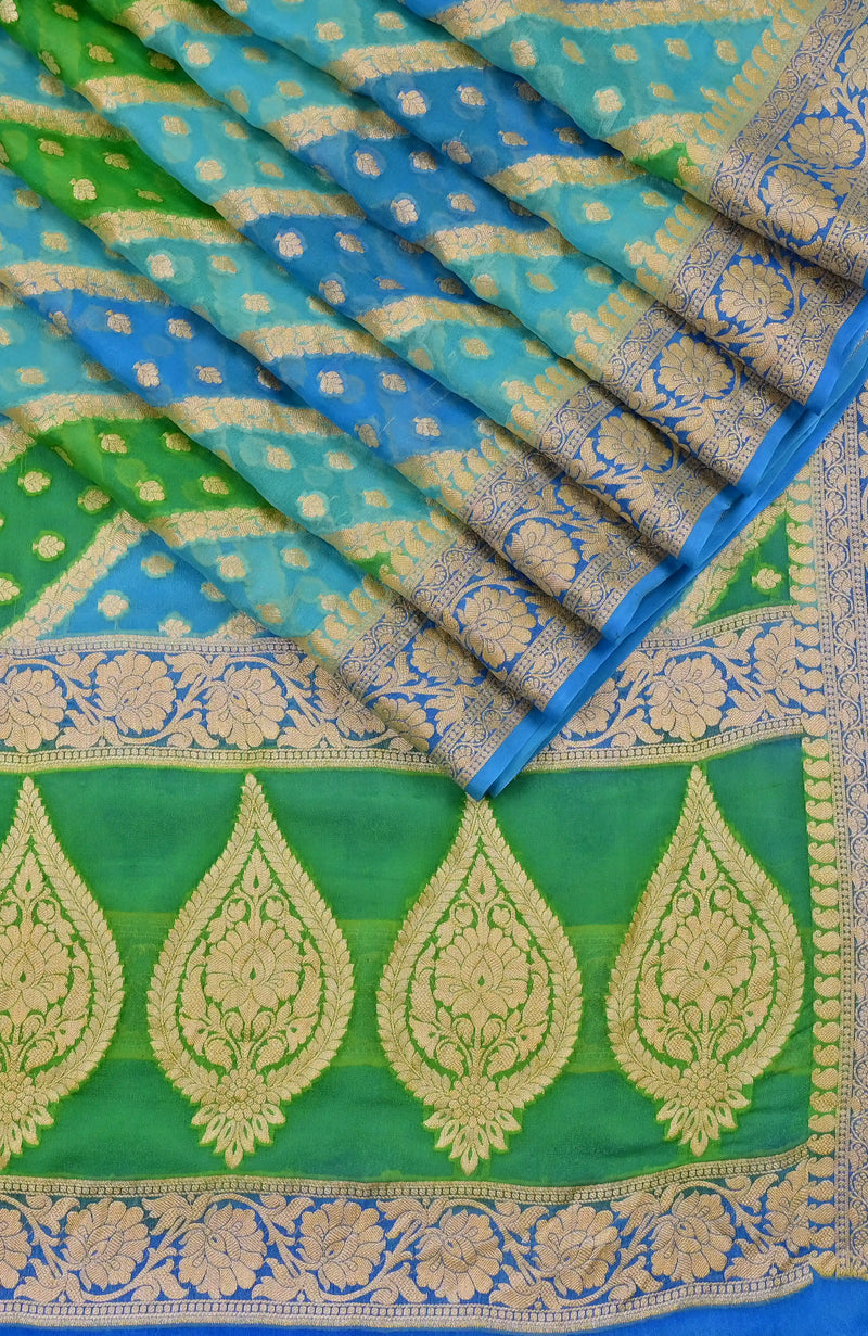 Blue Green Banarasi Chiffon Silk Saree