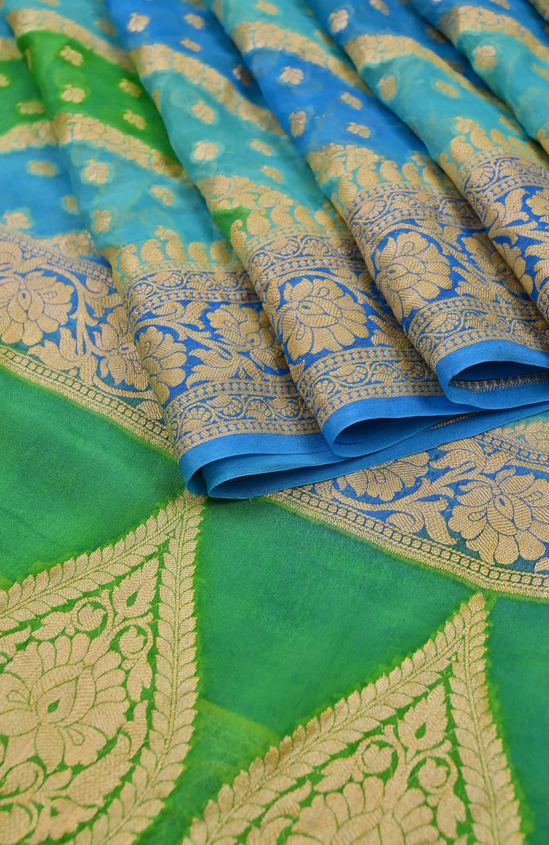 Blue Green Banarasi Chiffon Silk Saree