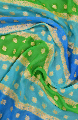 Blue Green Banarasi Chiffon Silk Saree