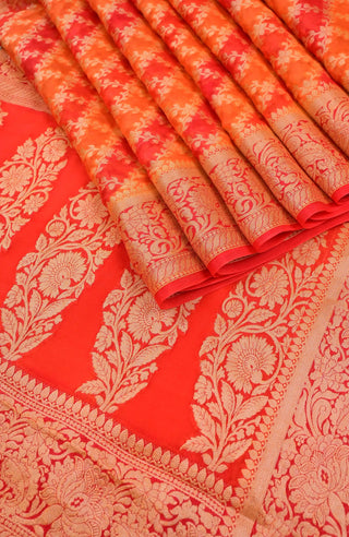 Red & Orange Banarasi Chiffon Silk Saree