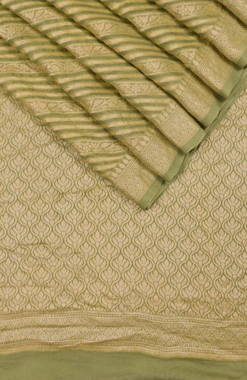 Olive Green Banarasi Chiffon Silk Saree