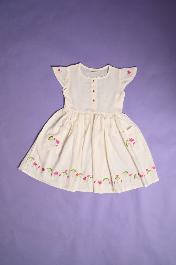 Floral Embroidered White Cotton Frock