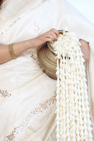 Dhoodh: Ivory Banarasi Tussar Silk Saree