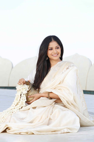 Dhoodh: Ivory Banarasi Tussar Silk Saree