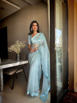 Karishma Tanna's Handpainted Light Blue Organza Saree (Made to Order)