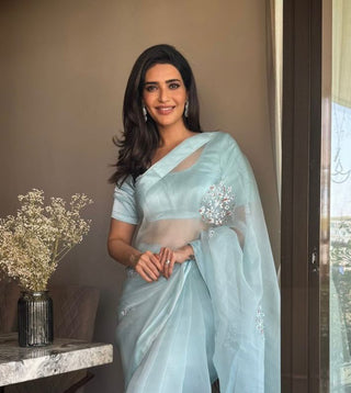 Karishma Tanna's Handpainted Light Blue Organza Saree (Made to Order)