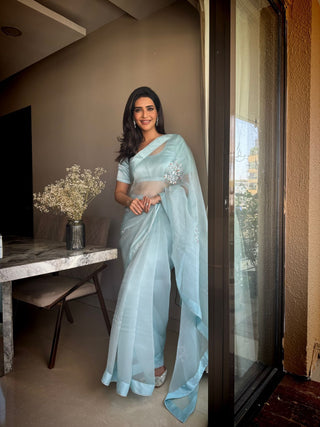 Karishma Tanna's Handpainted Light Blue Organza Saree (Made to Order)