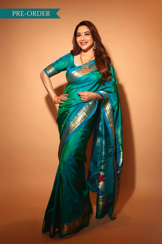 Madhuri Dixit's Peacock Blue Handloom Paithani Saree (Made to Order)