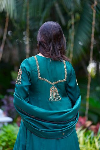 Teal Green Modal Satin Silk Tanjore Suit with Hand Embroidered Zardozi Work