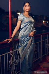 Janhvi Kapoor's Handpainted Light Blue Silk Saree (Made to Order)