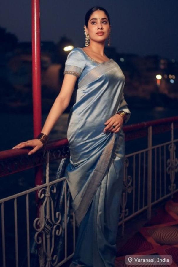 Janhvi Kapoor's Handpainted Light Blue Silk Saree (Made to Order)