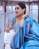 Janhvi Kapoor's Handpainted Light Blue Silk Saree (Made to Order)