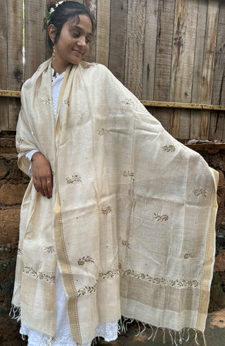 Off-White Tussar Silk Mukesh Dupatta