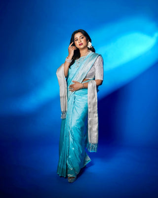 Shreya Ghoshal's Aqua Blue Pure Silk Banarasi Saree with Silver Zari