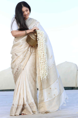 Dhoodh: Ivory Banarasi Tussar Silk Saree