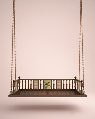 Dark Teak Wood Jhula with Bird Tile and Cane Detailing