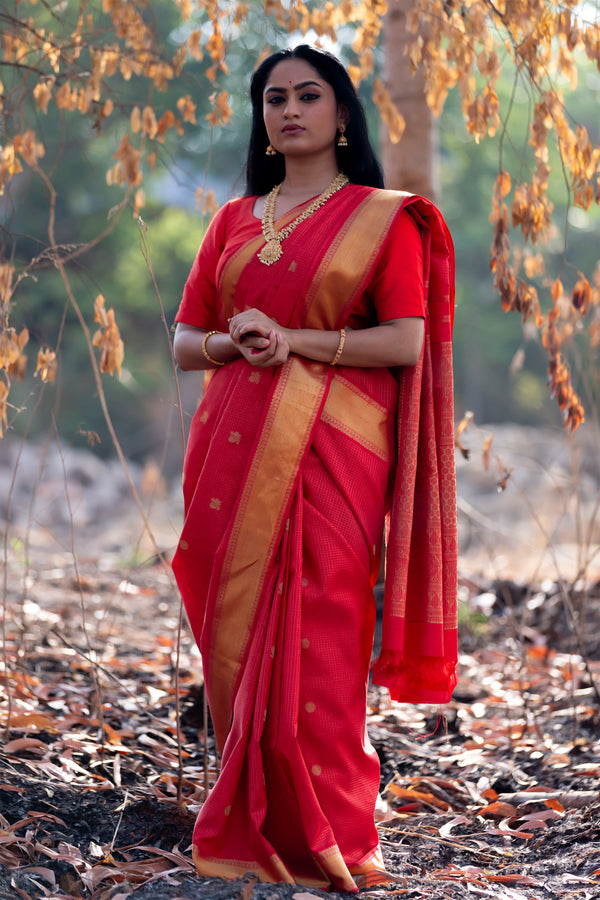 Red & Gold Kanjivaram Saree with Short Border