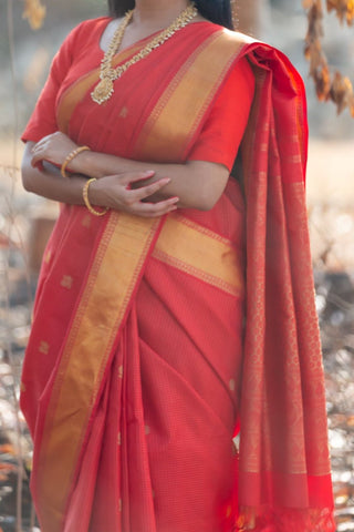 Red & Gold Kanjivaram Saree with Short Border