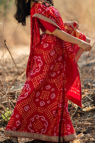 Red Bandhani Satin Silk Saree