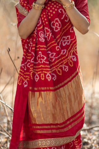 Red Bandhani Satin Silk Saree