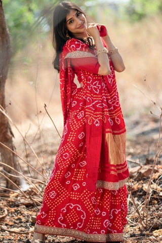 Red Bandhani Satin Silk Saree