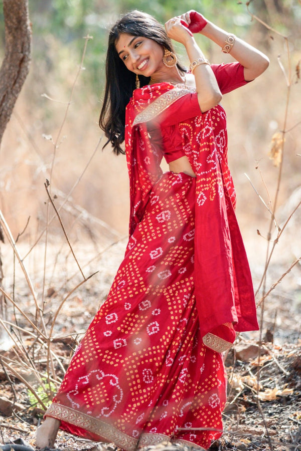 Red Bandhani Satin Silk Saree