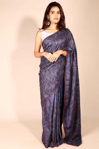 Dark Grey Tussar Silk Saree