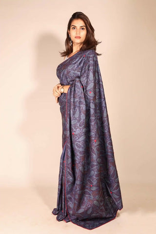 Dark Grey Tussar Silk Saree