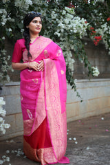 Fuchsia and Gold Organza Saree