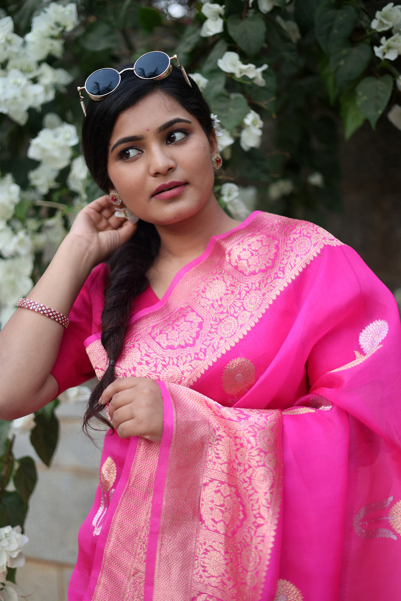 Fuchsia and Gold Organza Saree