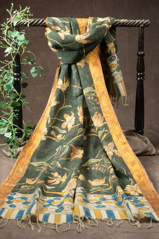 Forest green hand Kalamkari Chennuri silk dupatta with zari border			