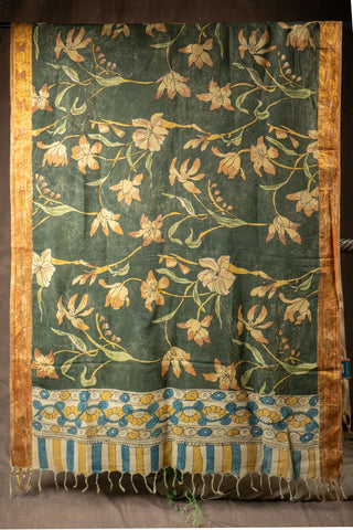 Forest green hand Kalamkari Chennuri silk dupatta with zari border			