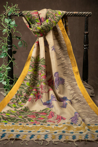 Hand Kalamkari Chennuri silk dupatta with bird and floral motifs			