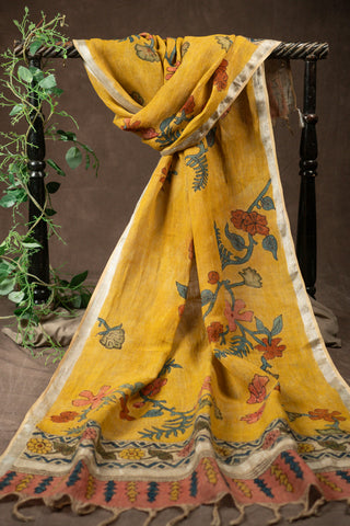 Hand Kalamkari linen dupatta in yellow with floral print			