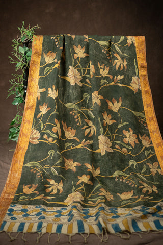 Forest green hand Kalamkari Chennuri silk dupatta with zari border			