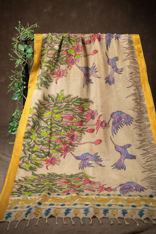 Hand Kalamkari Chennuri silk dupatta with bird and floral motifs			