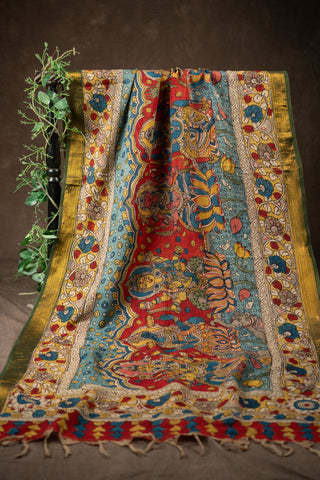 Yellow hand Kalamkari Chennuri silk dupatta with floral motifs			