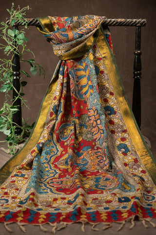 Yellow hand Kalamkari Chennuri silk dupatta with floral motifs			