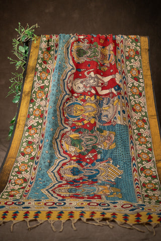 Hand Kalamkari Chennuri silk dupatta with mythological figures			