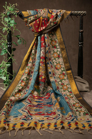 Hand Kalamkari Chennuri silk dupatta with mythological figures			