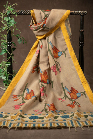 Hand Kalamkari Chennuri silk dupatta with Mangalagiri border			