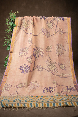Pink hand Kalamkari Chennuri silk dupatta with floral motifs			