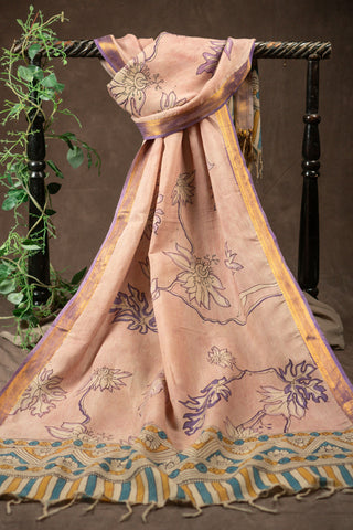 Pink hand Kalamkari Chennuri silk dupatta with floral motifs			