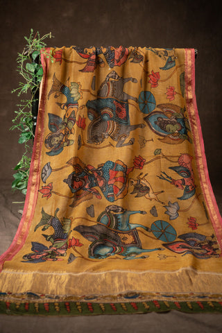Hand Kalamkari Chennuri silk dupatta with tissue zari pallu			