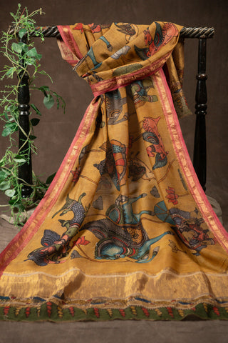 Hand Kalamkari Chennuri silk dupatta with tissue zari pallu			