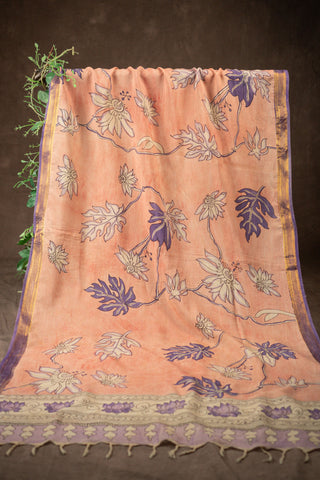 Soft pink hand Kalamkari Chennuri silk dupatta with floral motifs			